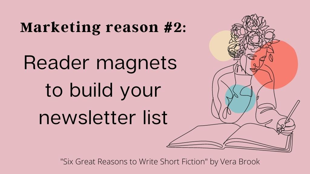 sketch of woman sitting at desk, mauve background, text: marketing reason 2: reader magnets to build your newsletter list